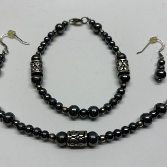 Black Glass Beads And Steel Necklace, Bracelet And Earrings Set - Picture 1 of 5